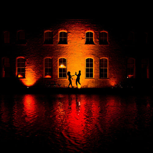 playful couple by the water at night