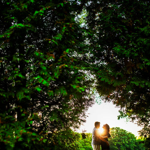 couple holding each other at sunset.